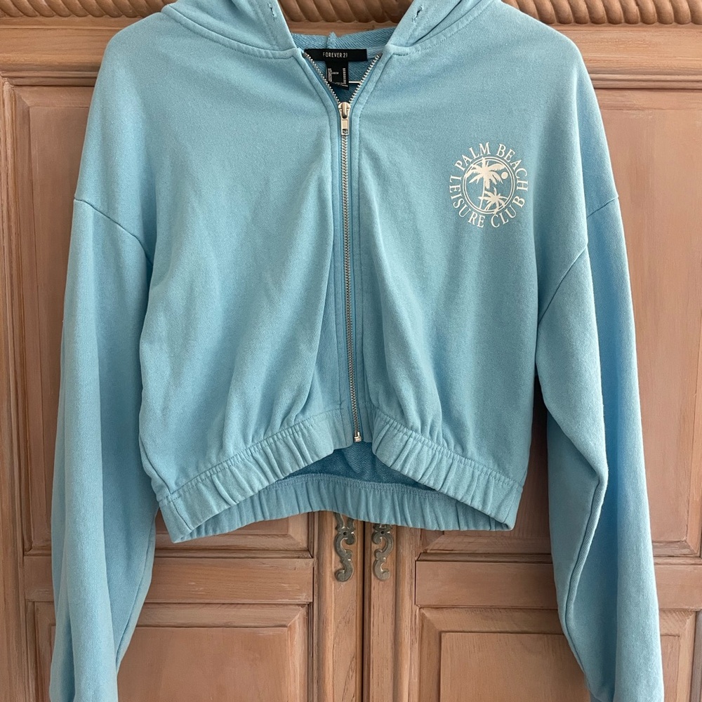 Forever 21 Light Blue Cropped Zip Hoodie